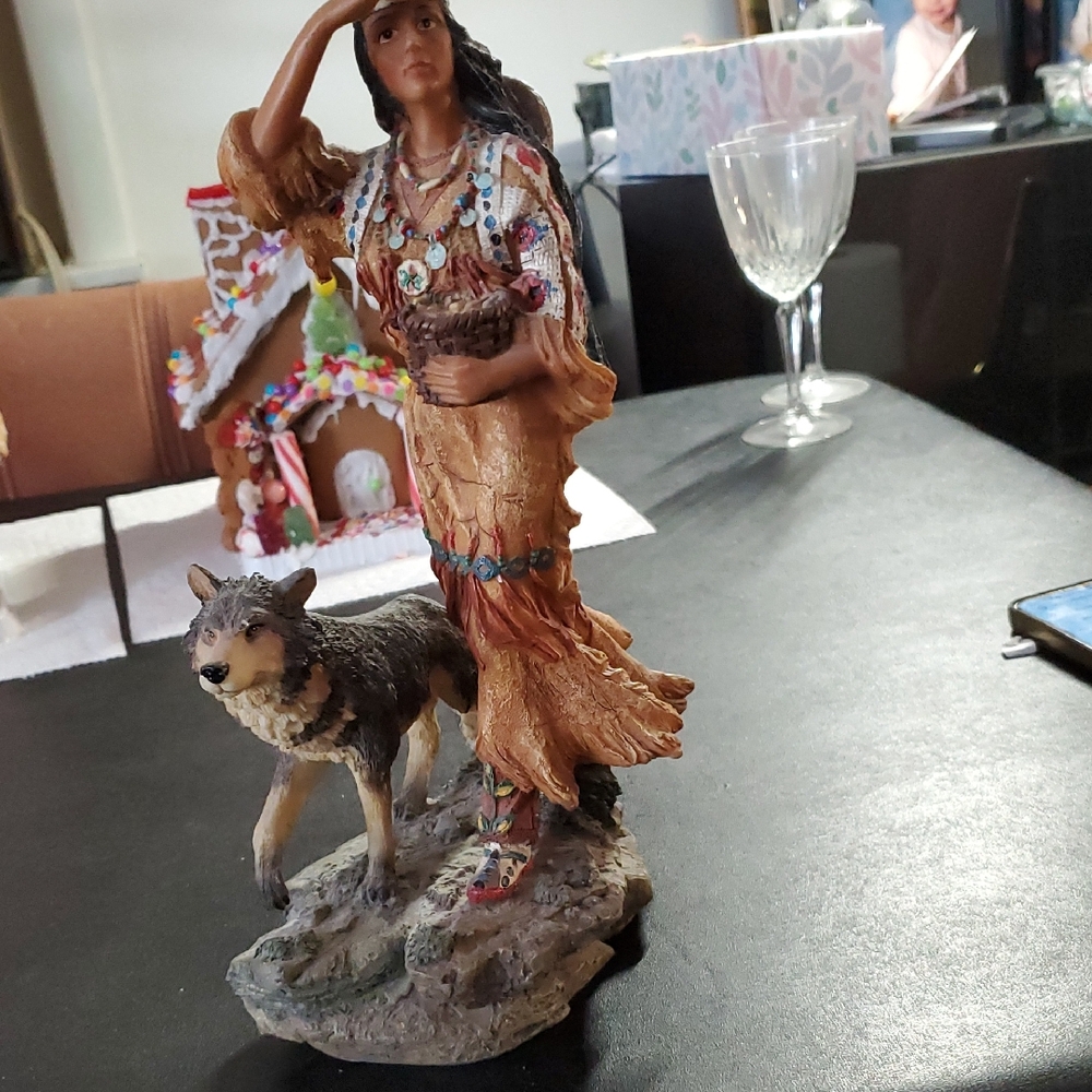 Elegant Native Woman and Wolf Sculpture